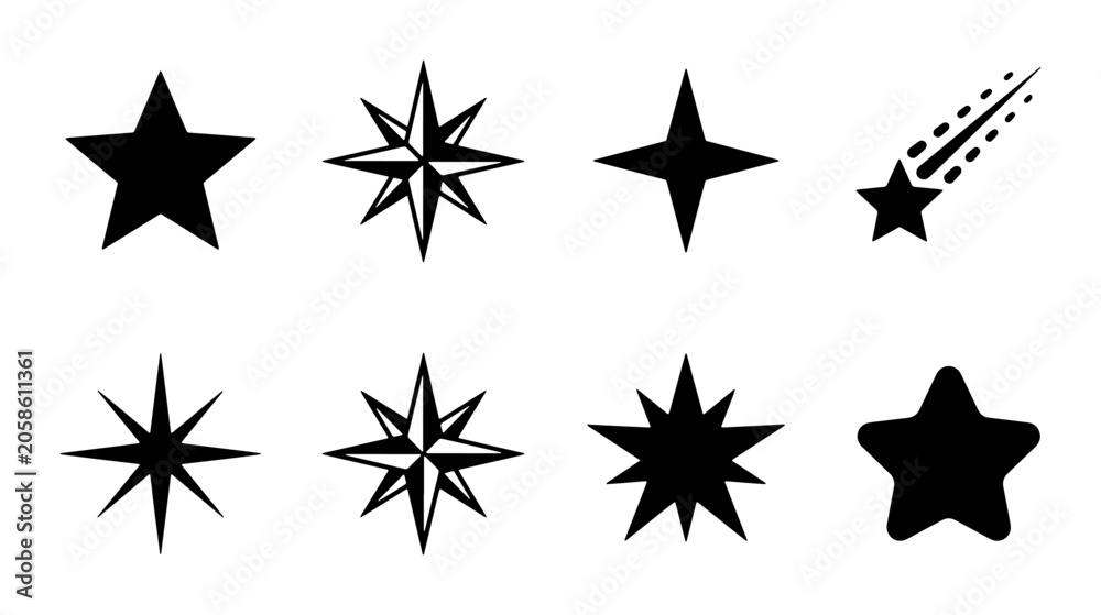 Obraz premium Diverse Star Icons Collection, Celestial Navigation Symbols, Cosmic Sparkle Elements, Black Silhouette Graphics for Design