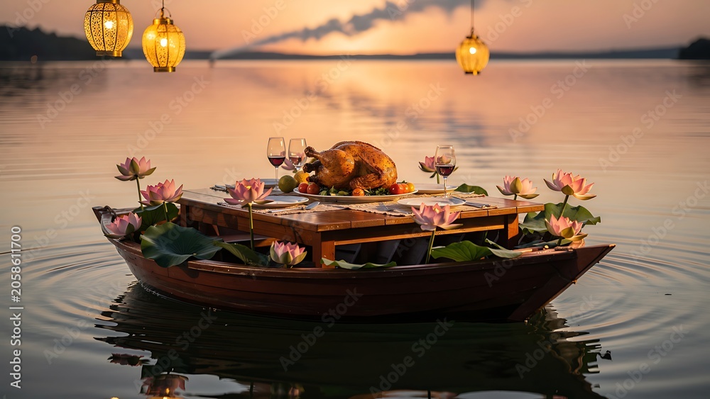 Obraz premium Golden Buddha statues on traditional Thai boat at sunset.