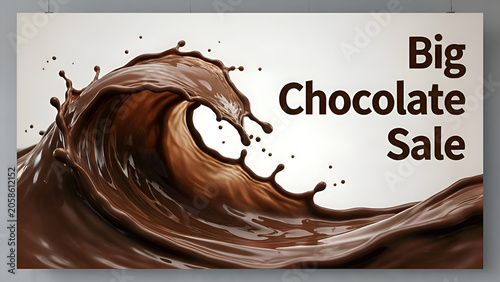 Big Chocolate Sale advertisement banner with giant splashing milk chocolate wave
