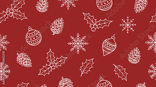 Hand drawn white line art illustrations featuring festive pinecones snowflakes holly berries and christmas ornaments on a deep red background