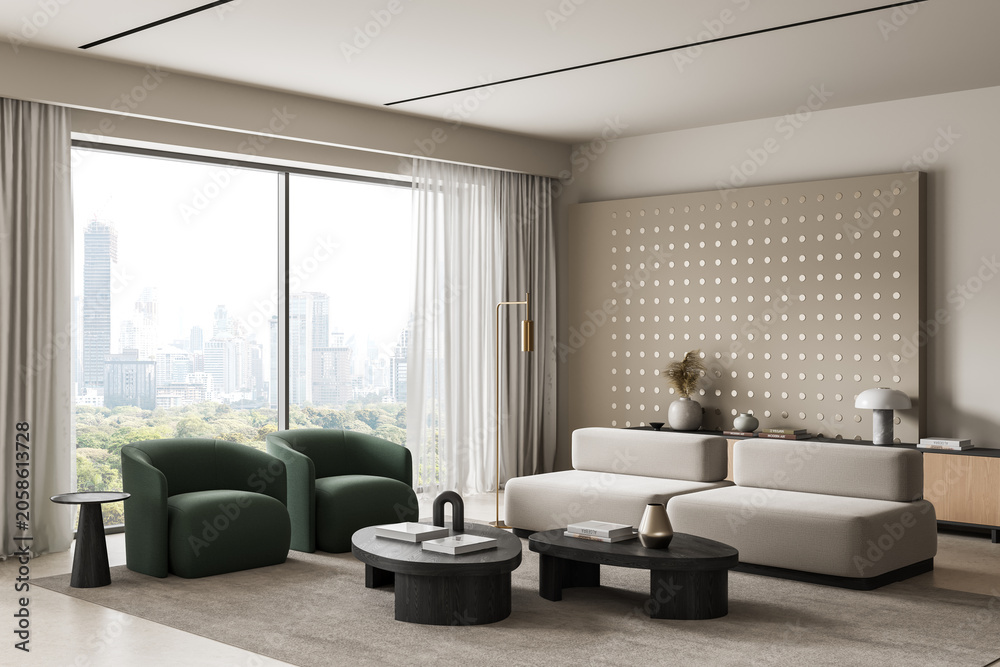 Fototapeta premium Modern interior living room with minimalist furniture, panoramic city view, soft neutral tones, elegant decor accents and contemporary styling throughout the space. 3D Rendering