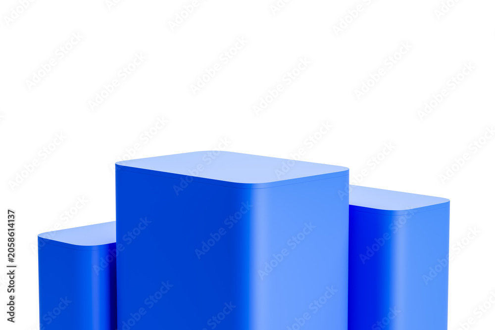 Naklejka premium Blue podium of rounded rectangular columns on white background for minimal abstract display design concept and modern presentation scene. 3D Rendering