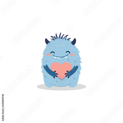 Cute blue furry monster holding a pink heart Isolated on white background.Character design for Valentine's Day greeting cards and nursery art. Vector illustration