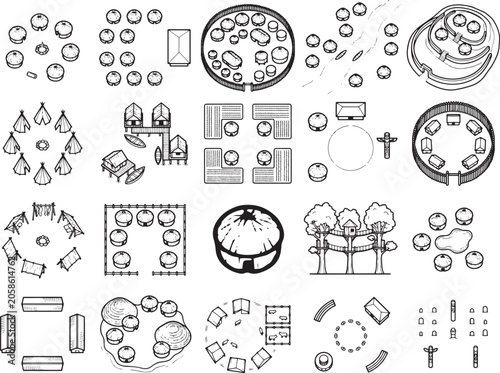 A collection of top-down graphic illustrations depicting various cultural and religious gathering places, including tents, chapels, circular ceremonial sites, and communal dining arrangements.