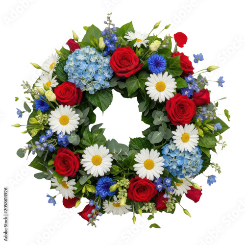 Funeral wreath with red roses, blue hydrangeas, white daisies and cornflowers isolated on transparent background