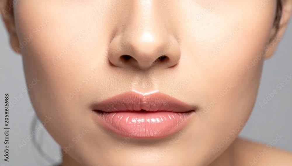 Fototapeta premium Close-up of a person's face, focusing on the nose and full, glossy lips