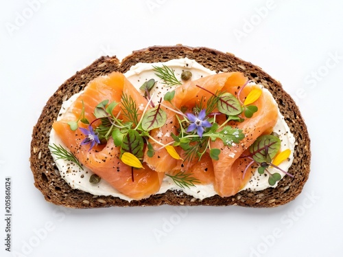 Smoked Salmon Open Sandwich with Cream Cheese on Rye Bread
