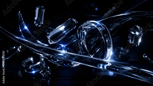Abstract dark blue background with floating crystal gems and glossy glass rings