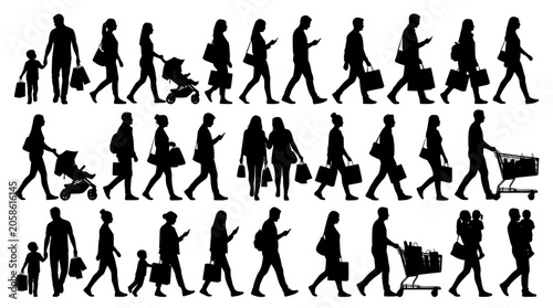 Foto Shopping people silhouettes, diverse crowd of shoppers with bags and carts, walk