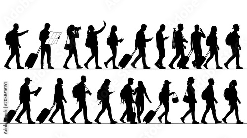Traveler silhouettes with luggage and suitcases, tourists walking in airport terminal, people on vacation with backpacks and maps vector set