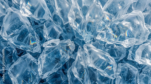 Abstract macro background of crushed blue ice crystals with rainbow light refractions