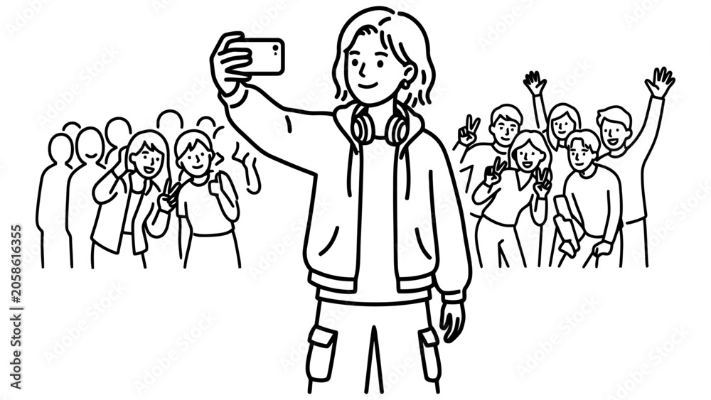 Fototapeta premium A minimalist line art illustration of a trendy young person taking a selfie with a joyful group of friends or fans. This simple black and white drawing captures the essence of social media, youth cult