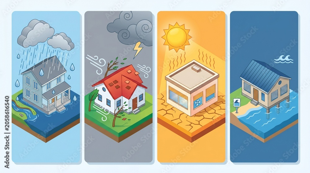 Naklejka premium Isometric Illustration Set Showing Natural Disaster Effects on Residential Homes and Climate Change Impacts Including Flooding Storm Drought and Rising Sea Levels