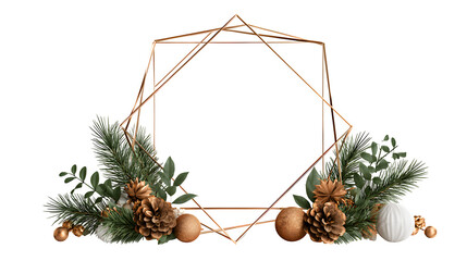 Golden geometric frame with pine cones and green leaves isolated on transparent background
