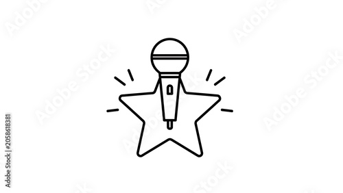 Professional Microphone with Star Background Icon, Performance and Talent Show Concept Line Art Illustration for Karaoke or Music