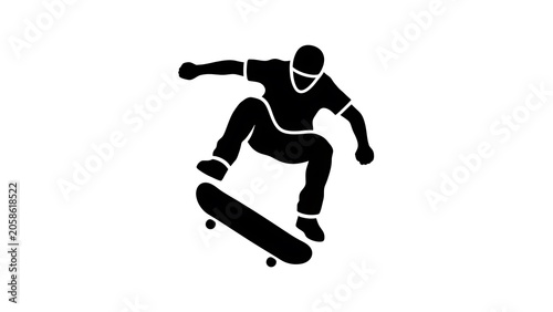 Silhouette of a Skateboarder Performing a Jump Trick, Urban Action Sport Graphic Isolated on White Background