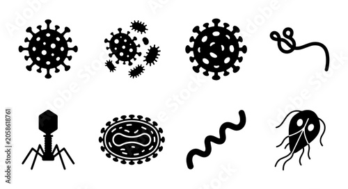 Bild auf Leinwand Microorganism Icons Set: Viruses, Bacteria, and Pathogens Vector Graphics, Scien