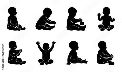 Photos Baby Silhouette Collection, Sitting Poses Vector Icons, Infancy Childhood Develo