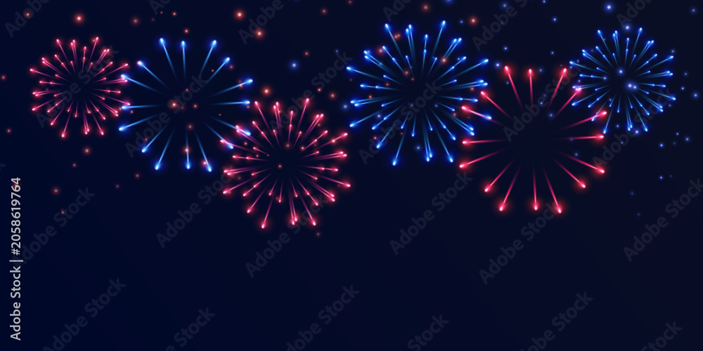 Fototapeta premium Festive Fourth of July fireworks display with colorful explosions and sparkling lights. Patriotic USA celebration background for holiday events and greetings.