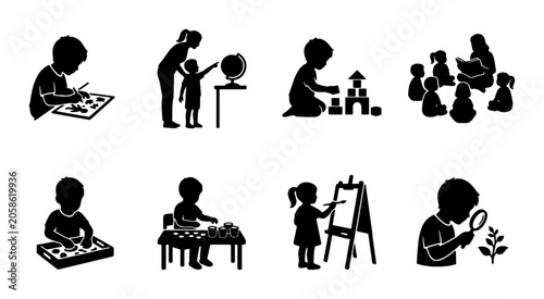 Schilderij op canvas Children Learning Activities Icons, Educational Play Set, Early Childhood Develo