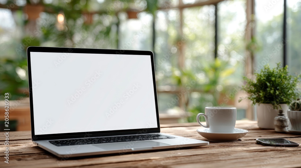 Fototapeta premium Open laptop with blank white screen on wooden desk next to coffee cup and smartphone
