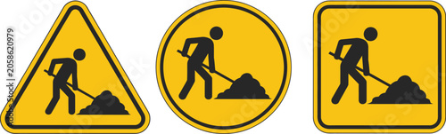 Road works warning sign vector illustration for construction zones, driver awareness, and pedestrian safety.