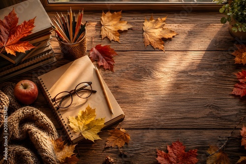 Back to School Autumn Desk with Stationery and Fall Leaves