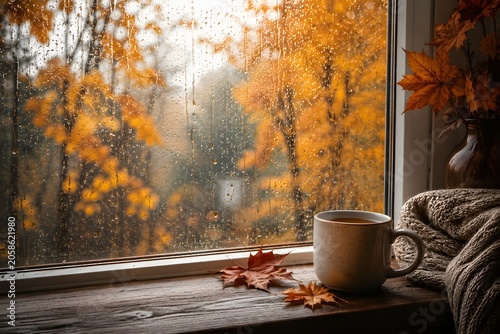 Cozy Autumn Rainy Window Scene with Hot Tea and Fall Atmosphere