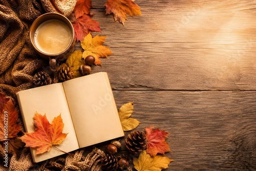 Luxury Autumn Flat Lay with Coffee Cup, Fall Leaves and Cozy Seasonal Decor