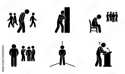 Foto Sad Stick Figure Icons Set, Social Anxiety, Loneliness, Public Speaking Fear, Is