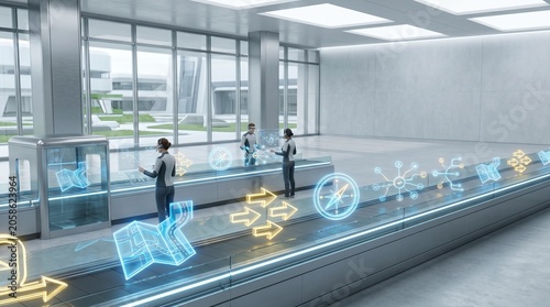 Futuristic Modern Office Workspace with Business People Interacting with Advanced Holographic Digital Interfaces