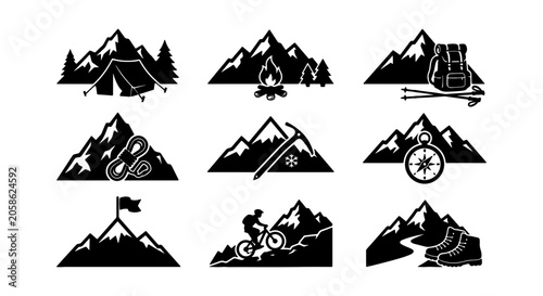 Foto Mountain Adventure Icons, Outdoor Activity Symbols, Camping and Hiking Graphics,