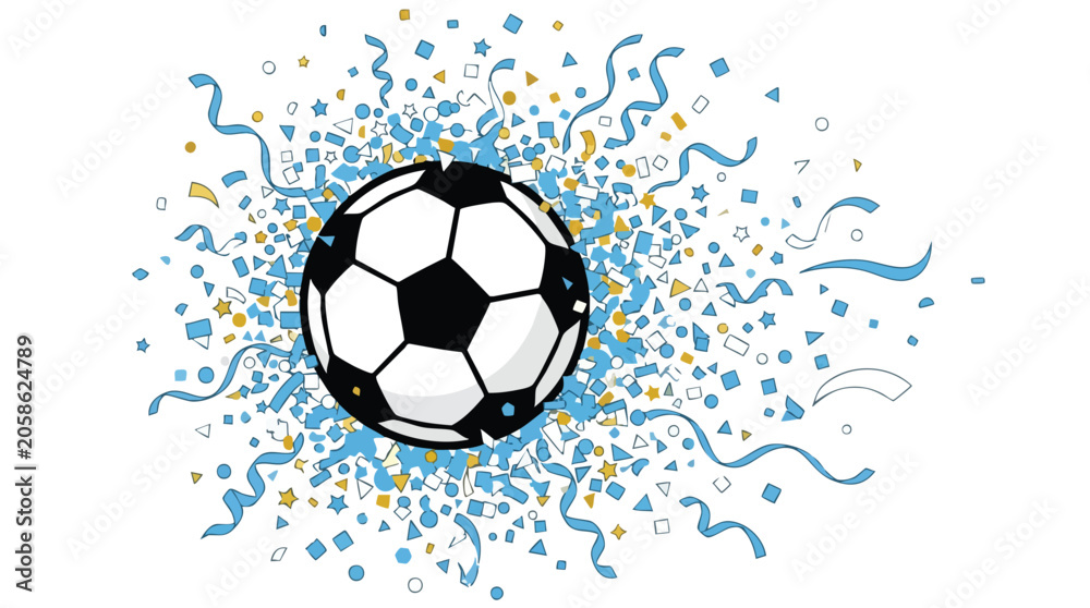 Naklejka premium Illustration of a soccer ball surrounded by colorful confetti and ribbons on a white background.