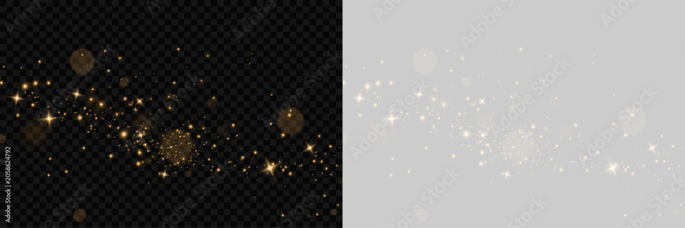 Fototapeta premium Transparent PNG overlay featuring magical holiday illumination and elegant shimmer. Bright golden glitter effect with floating dust, glowing bokeh and festive confetti.