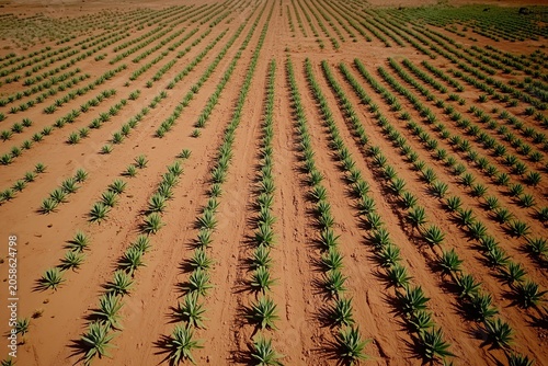 Rows of young green plants growing in dry sandy farm soil, creating a repeating pattern across a wide agricultural field.