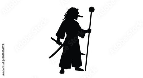 Silhouette of a wizard with staff and sword against a white background silhouette mage sorcerer enchanter illusionist mystic