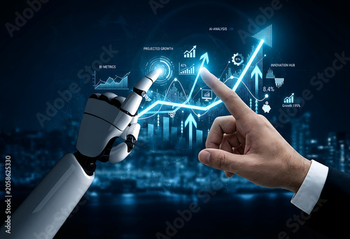 AI and human hand interacting with digital growth charts and financial data analytics over city