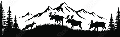 Canvas Print Wild moose and wolf silhouettes in mountain forest landscape, majestic wildlife