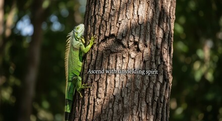 Green Iguana Ascending Tall Sturdy Tree Trunk