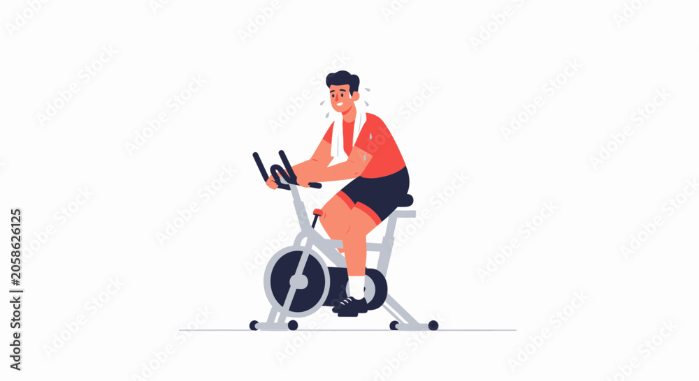 Fototapeta premium Man Exercising on Stationary Bike, Sweating and Feeling the Burn - Vector Illustration