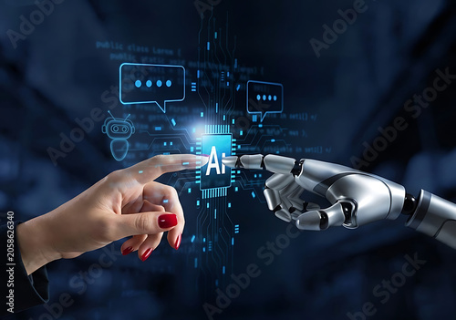 Human and Robot Finger Touching AI Interface Symbolizing Future Technology Collaboration