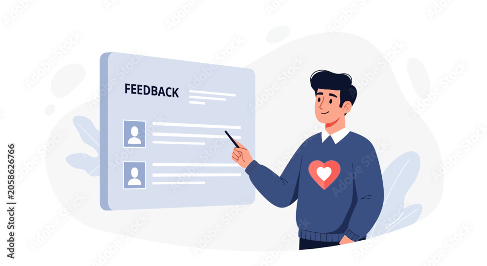 Fototapeta premium Man points to feedback form with customer profiles and testimonials, representing customer satisfaction and survey results.