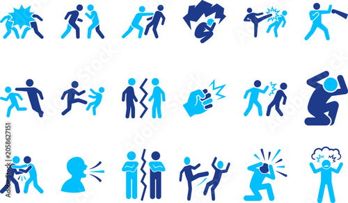 Cuadro en lienzo Set of conflict and violence icons depicting aggression fighting and arguments stylized flat icons in blue tones