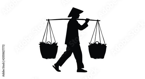 Принти на полотні A walking vendor carrying baskets on a yoke depicted as a black silhouette selle