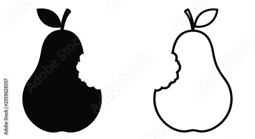 Obraz na plátně A bitten pear with a leaf presented as a black and white silhouette fruit produc