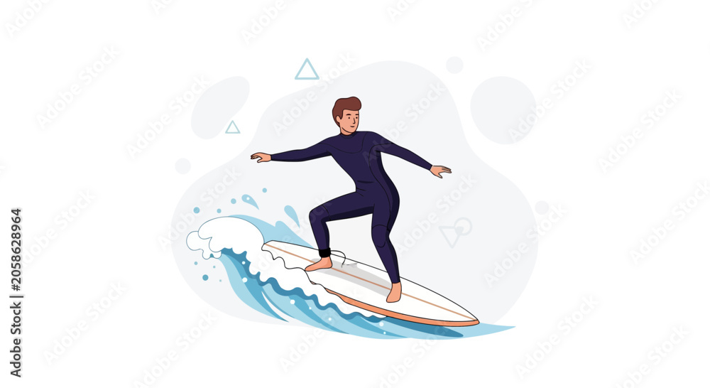 Fototapeta premium Surfer in Wetsuit Riding Wave, Vector Illustration, Summer Sport and Lifestyle Concept