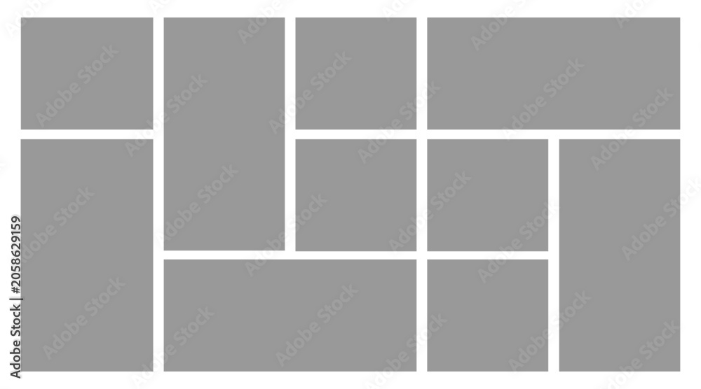 © Design - 10 Image Photo Collage, 5 Empty geometric photo collage grid rectangle template shape. Modern tiles pattern mosaic for portfolio presentation. Background and photo album for wall mood board.