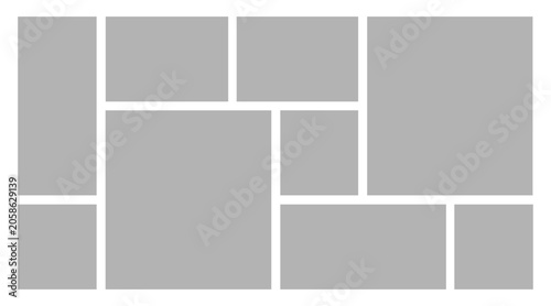 9 Empty geometric photo collage grid rectangle template shape. Modern tiles pattern mosaic for portfolio presentation. Background and photo album for wall mood board.