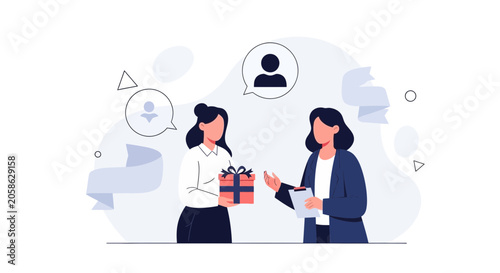 Two women exchanging a gift with abstract elements and speech bubbles, vector illustration