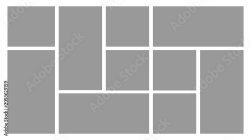 10 Image Photo Collage, 5 Empty geometric photo collage grid rectangle template shape. Modern tiles pattern mosaic for portfolio presentation. Background and photo album for wall mood board.